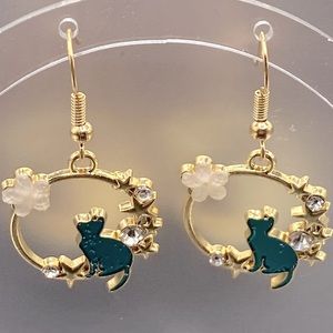 Gold tone earrings green cat flowers and crystal